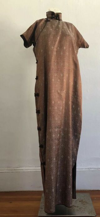 Antique 1920s 30s Brown Silk Brocade Cheongsam Qipao Matching Slip Banner Dress 3