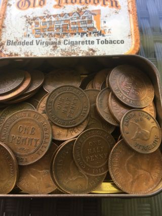 Deceased Estate Australian Pennies & Half Pennies In Vintage Tobacco Tin 2
