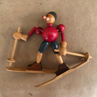 Skiier 3 " Vintage Wooden Doll Jointed Wood Painted Handmade Ornament Ski Man