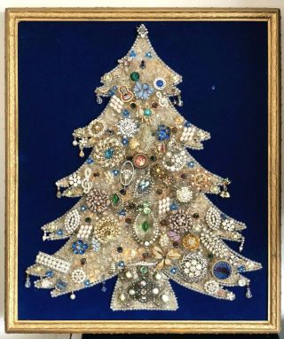 Vintage Framed Lighted Crushed Glass Jewelry Christmas Tree Wall Art 17 " X19 "