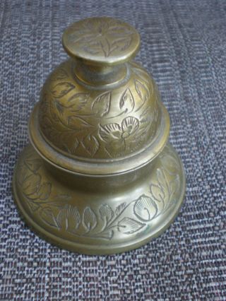 Vintage India Brass Etched Floral Elephant Claw Temple Bell With Stand
