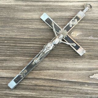 Vintage Antique Large Nickel - Brass Wood Crucifix Cross Jesus Skull Cross Bones