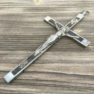 Vintage Antique Large Nickel - Brass Wood Crucifix Cross Jesus Skull Cross Bones 2
