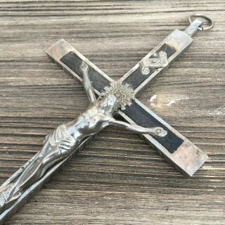 Vintage Antique Large Nickel - Brass Wood Crucifix Cross Jesus Skull Cross Bones 3