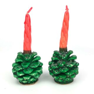 2 Vintage Gurley Christmas Candles Green Pinecones W/ Red Candles,  Glitter