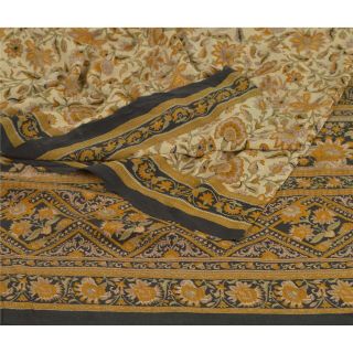 Sanskriti Vintage Cream Saree Pure Crepe Silk Printed Soft Fabric 5yd Craft Sari