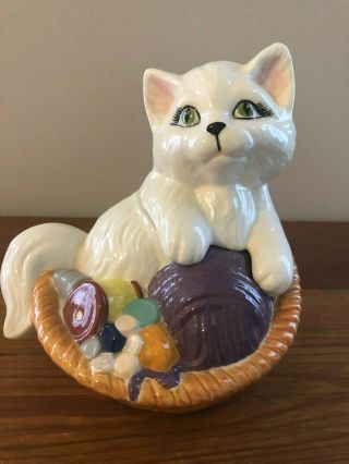 Vintage Ceramic Cat In Sewing Basket - Candy Dish - Cookie Jar - Trinket Box 