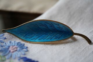 Vintage Meka Denmark Sterling Silver Blue Enamel Leaf Brooch Pin