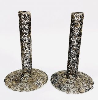 Antique Russian Art Nouveau Sterling Silver Filigree Skan Metalwork Candlesticks