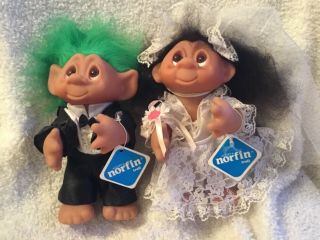 Vintage Thomas Dam 9” Troll Bride And Groom Made In Denmark 604 Troll Dolls