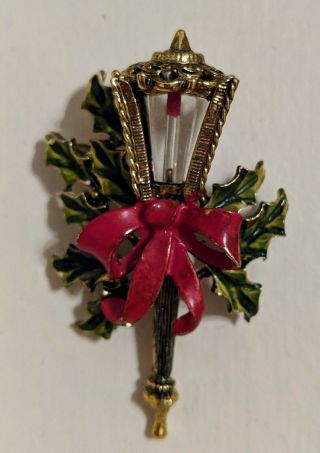 Vintage Hollycraft Christmas Brooch Pin Coach Light Lamp Lantern W/holly & Bow