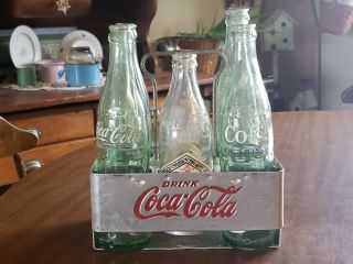 Vintage Aluminum Drink Coca - Cola 6 Pack Bottle Caddy Indent Script 6 Bottles