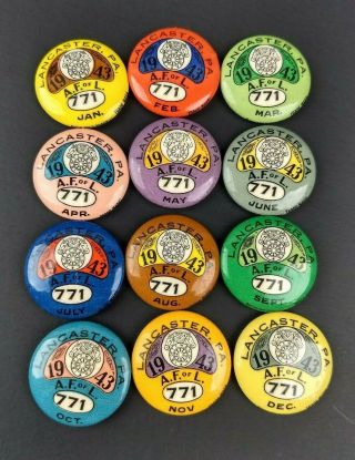 Vintage 1943 Teamsters Labor Union 771 Pin Button Full Year Set Of 12 A.  F.  Of L.