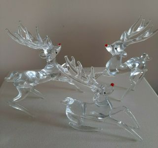 Vintage Christmas Crystal Glass Trio Reindeer Set W/red Noses Rudolph Hand Blown