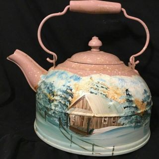 Antique Vintage Hand Painted Tin Tea Pot Kettle Winter Snow Scene Christmas