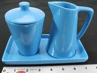 Vintage Oggi Danish Modern Style Blue Ceramic Coffee Creamer And Sugar Set