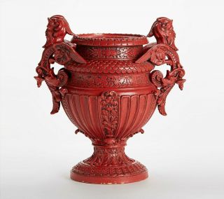Antique Red Majolica Twin Handled Vase 19th C.