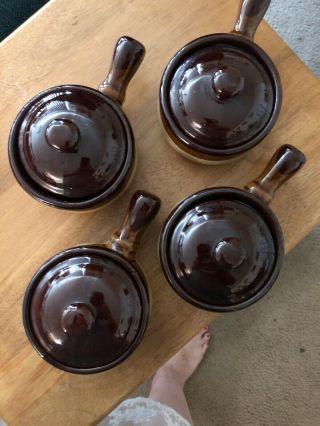 Vintage Nos Set Of 4 Country Peddler 2 Tone Brown Onion Soup Bowls Crock W/ Lids