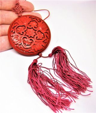 Vintage Chinese Carved Red Cinnabar Pendant W/ Silk Mystic Knot Tassel Necklace