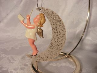 Vintage Angel On Moon Conducting Music Ornament Made In Germany Mica Glitter