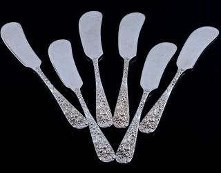 6 Stieff Sterling Silver Rose Pattrn Repousse Flat Handle Butter Spreader Knives