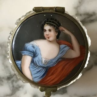 Antique French Porcelain Portrait Patch Box,  Cut Crystal Bottom,  Brass Mounts