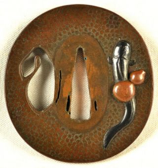 Antique Japanese Sword Tsuba Black Eel Gourds Copper Shakudo Forged Iron Old
