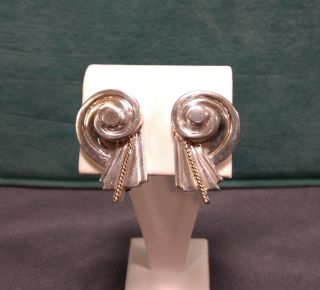 Vintage Sterling Silver And 14k Yellow Gold Art Deco Clip On Earrings Signed