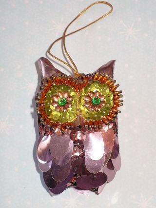 Vintage Christmas Sequin Beads Finished Kit Owl Tree Ornament
