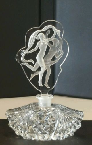 Vintage Czech Art Deco Style Crystal Perfume Bottle W/ Etched Stopper