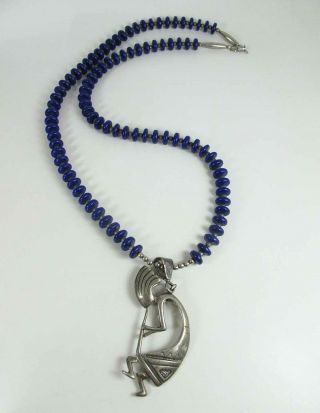 Vintage Navajo Lapis Blue Glass Bead & Silver Necklace With Kokopelli Dancer