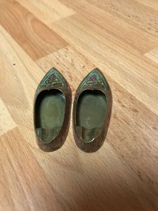 2 Vintage Colored Brass Etched Metal Ornate Small Shoe Boot Ashtray Pair 3