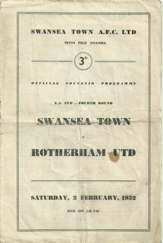 Vintage Football Programme Swansea Town V Rotherham United Fa Cup 1952