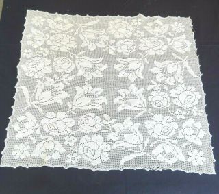 Vintage Hand Crochet Lace Table Cloth Doily 26 " Square Tablecloth Cotton Rose