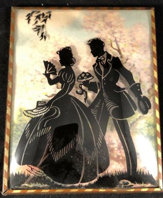 Vintage Romantic Courting Couple Convex Glass Silhouette Man Woman Wall Art