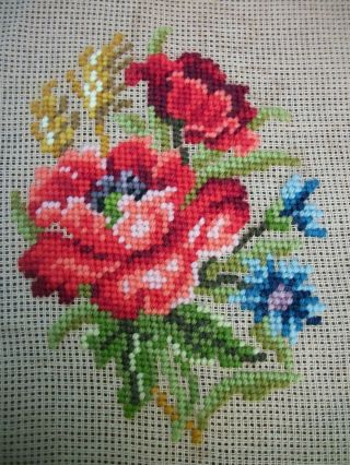 Vintage Preworked Needlepoint Orange & Red W Blue Flowers Made In Maderia Npt12