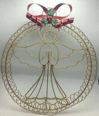 Christmas Card Wreath Gold Wire Angel Holiday Holder Tabletop Wall Folds Vtg
