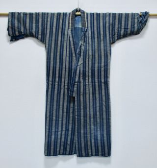 Japanese Cotton Antique Boro Kimono / Vintage Fine Indigo Blue / Stripe /140