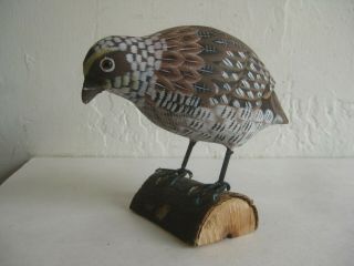 Vtg Hand Carved & Painted Wood Wooden Quail Bird Decoy Figure Artist Signed Cv