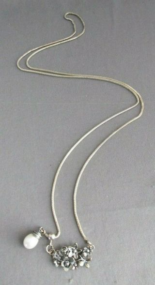 Vintage Pz Israel Sterling Raised Relief Flower Pearl Pull String Necklace
