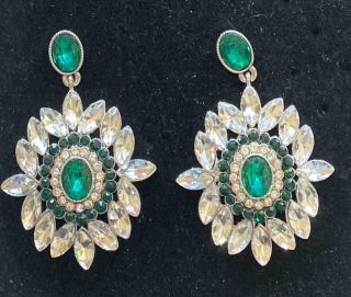 Monet Vintage Earrings Haute Couture Emerald Green & Ice Rhinestone Chandeliers
