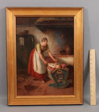 19thc Antique J.  Degenhandt German Genre Interior Oil Painting,  Mother & Baby