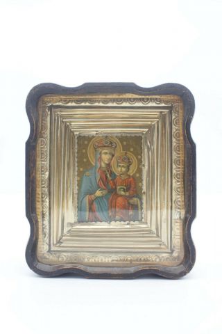 Antique 19c Russian Wood Icon Mother Of God In Figured Kiot Icon Box