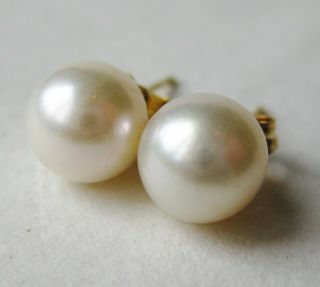 Fine Vintage 14k Yellow Gold 7.  5mm White Pearl Pierced Stud Earrings