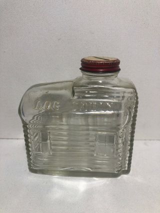 Vintage Glass Log Cabin Maple Syrup Bank Coin Slotted Lid Bottle Jar