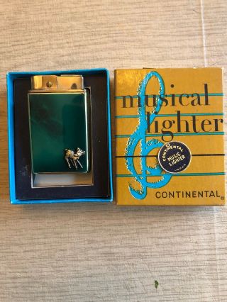 Vintage 1950s Continental Music Lighter In Brass Tone With Deer & Crystal