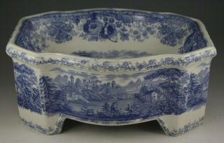 Antique Pottery Pearlware Blue Transfer Rigway Tyrolean Large Dog Bowl 1830