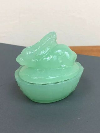 Vintage Green Glass Easter Bunny Covered Candy Dish Rabbit On Basket Jadeite