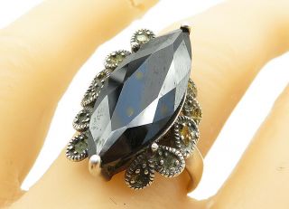 925 Sterling Silver - Vintage Marquise Cut Hematite Cocktail Ring Sz 8 - R12220