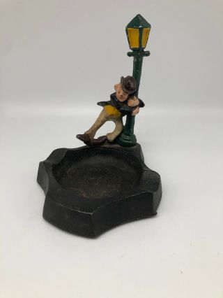 Vintage Painted Cast Iron Ashtray With Drunk Man Leaning On Lamp Post